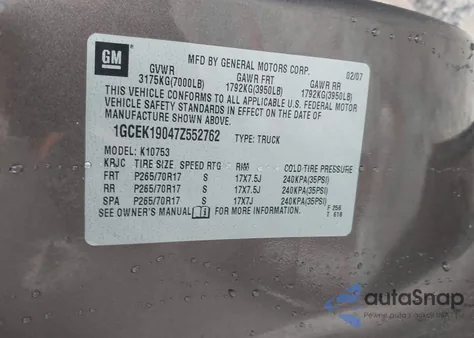 2007 Chevrolet Silverado 1500 Lt1 z USA, uszkodzony, nr VIN 1GCEK19047Z552762